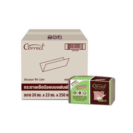 กระดาษเช็ดมือ CORRECT ชนิดแผ่น หนา 1 ชั้น สีน้ำตาล บรรจุ 250 แผ่น/ห่อ X 24 ห่อ (ยกลัง)_1